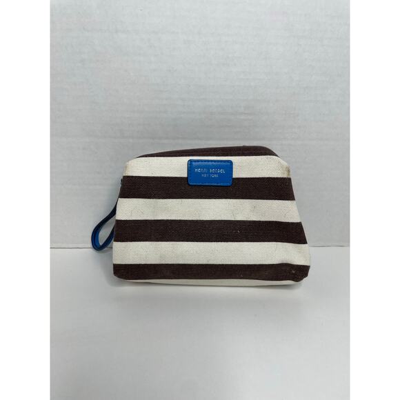 Henri Bendel Cosmetic Bag Brown White Stripe Blue Strap - Picture 1 of 10